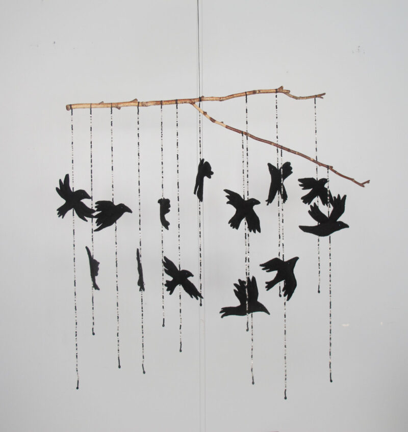 A Murder of Crows -Wool Felt, Beads, Branch 35H x 39W x 7D - 2023