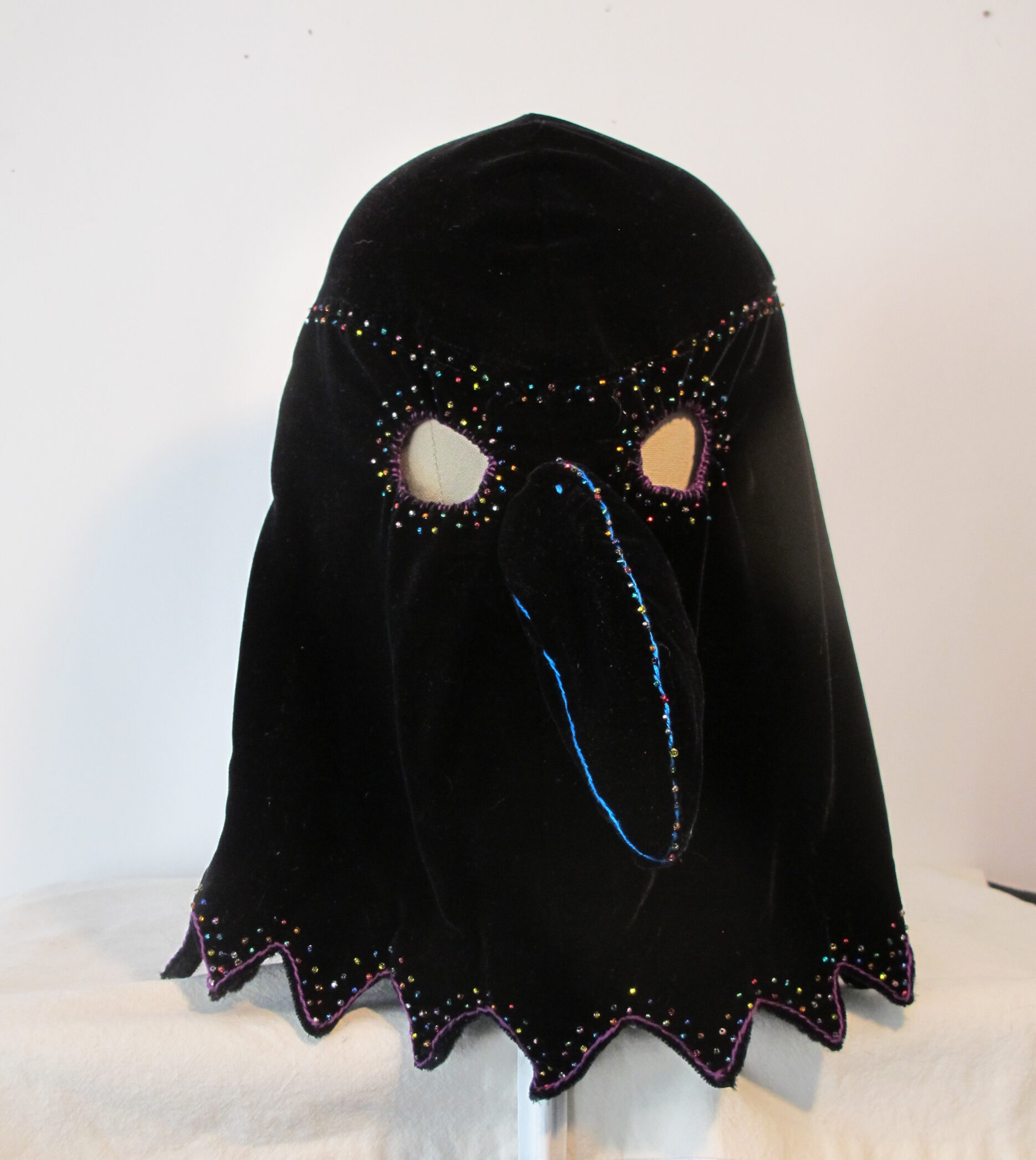 Crow Hood Mask velvet, embroidery, beads 13H x 9W x 11D 2021