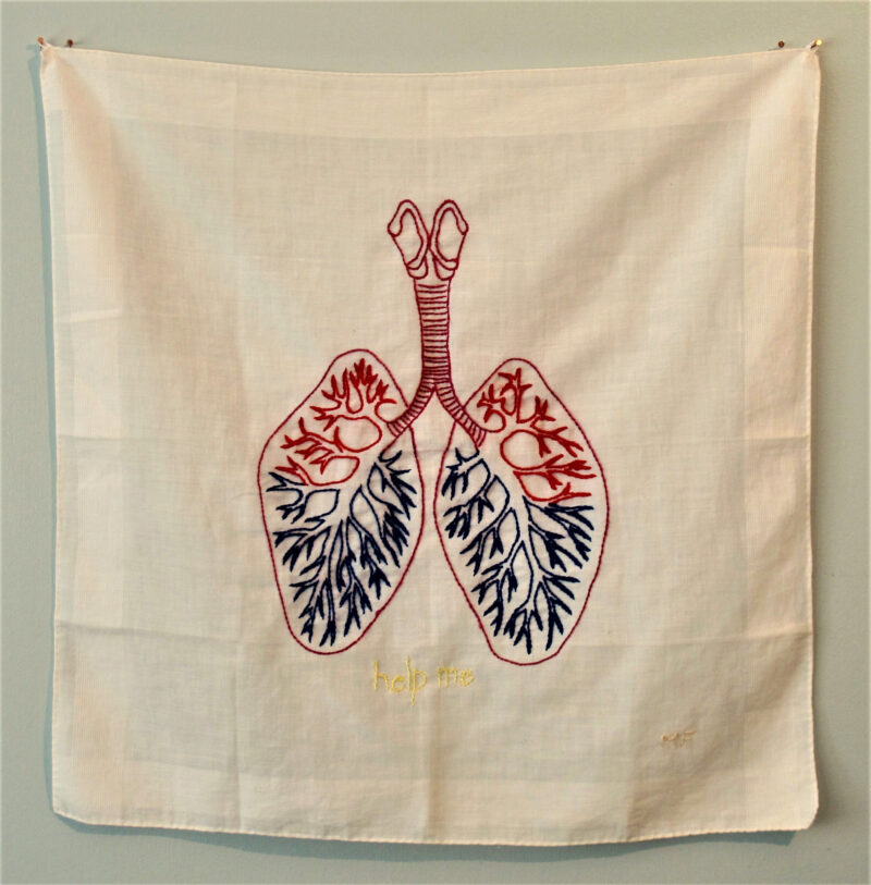 Ex Voto 2 embroidery on vintage handkerchief 15H x 15W 2018