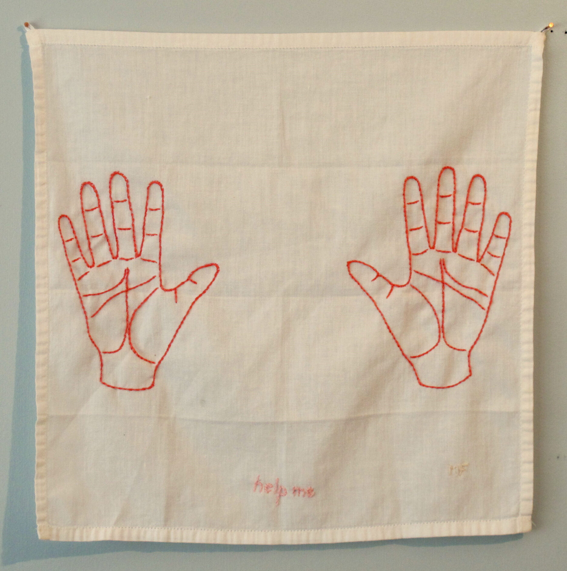Ex Voto 3 embroidery on vintage handkerchief 14H x 14W 2018