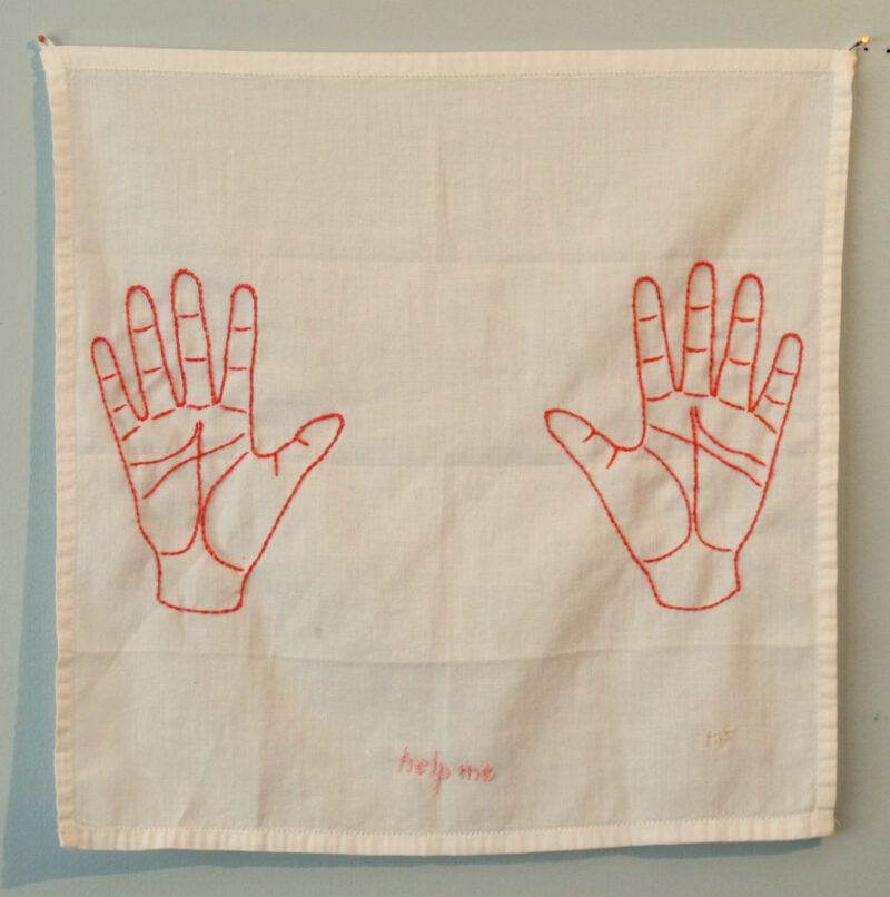 Ex Voto 3 embroidery on vintage handkerchief 14H x 14W 2018