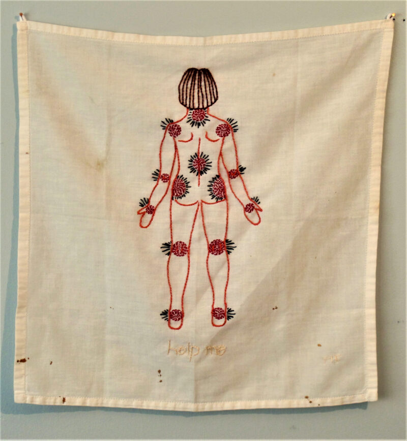 Ex Voto 4 embroidery on vintage handkerchief 14H x 14W 2018