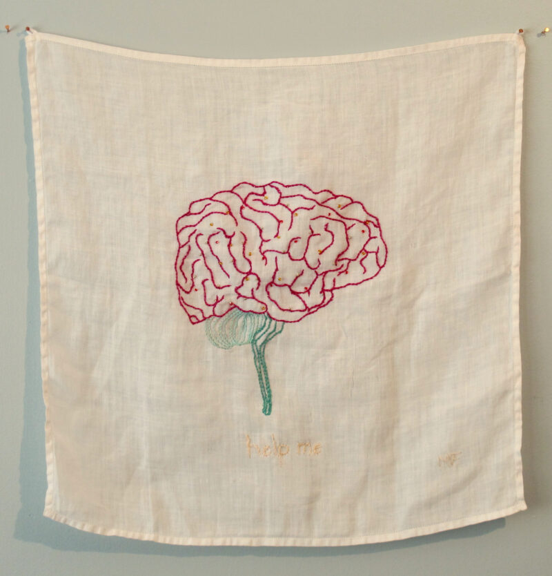 Ex Voto 5 embroidery, beads on vintage handkerchief 15H x 15W 2018