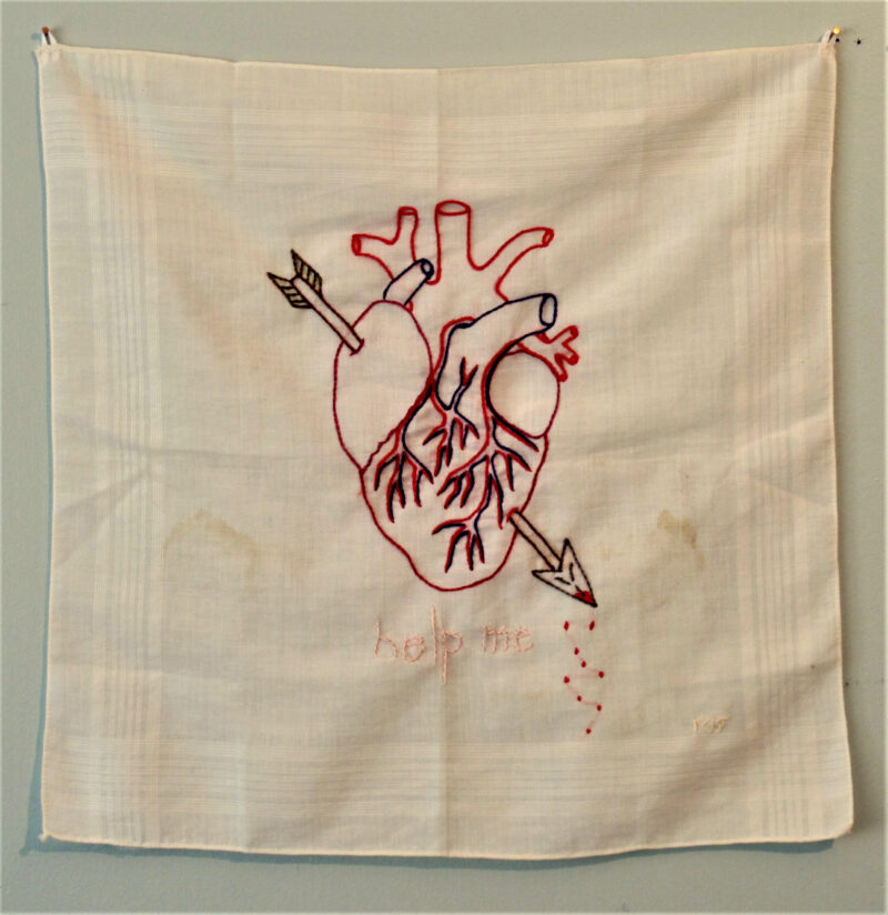 Ex Voto 6 embroidery on vintage handkerchief 14H x 14W 2018