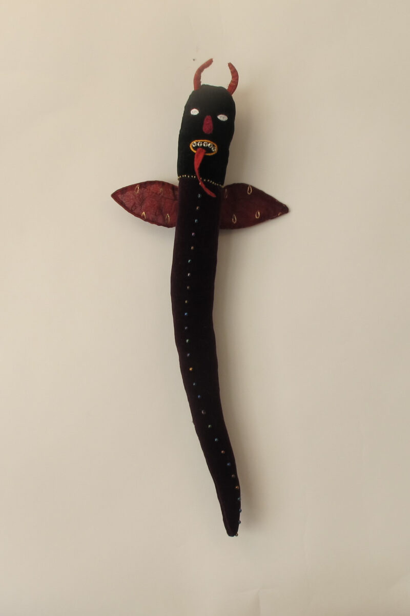 Lesser Demon soft sculpture, velvet, silk, beads, embroidery 20H x 7W x 3D 2023