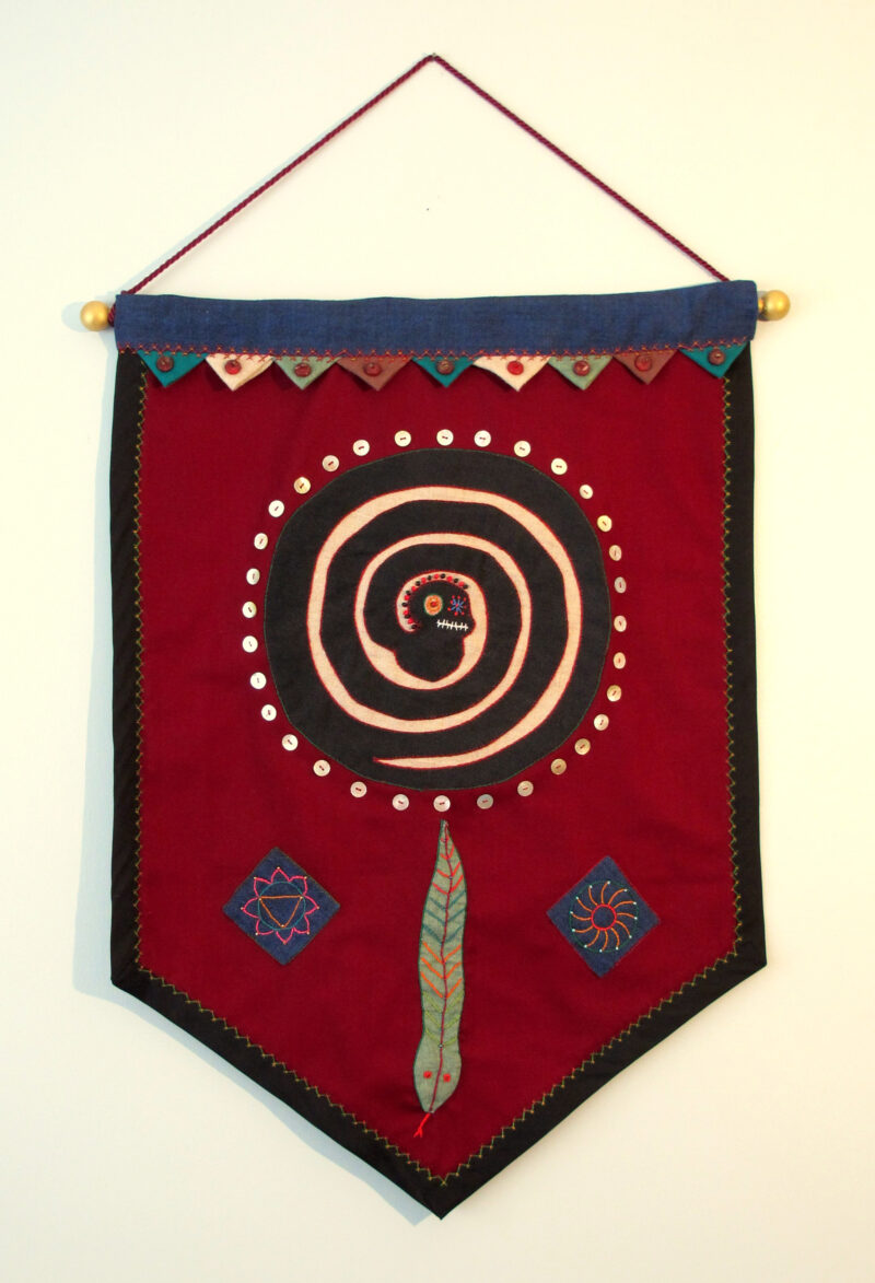 Spirit Voices applique, embroidery, beads on linen 26H x 20W 2017 Collection of Took Gallagher