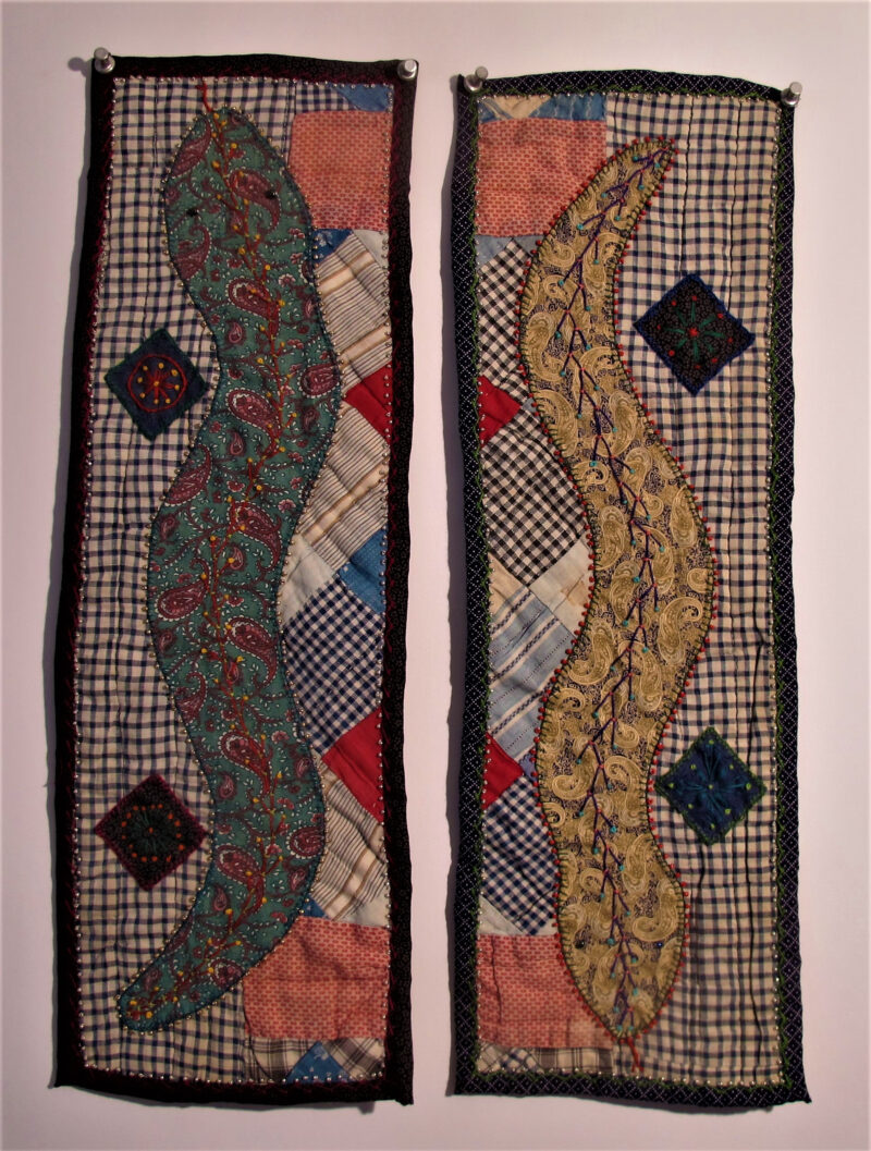 Upsnake Downsnake applique, embroidery on vintage quilt scraps 16H x 7W 2021 Collection of Took Gallagher
